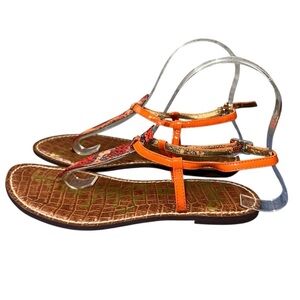 Sam Edelman Shoes Gigi Womens 7M Orange Animal Print Faux Leather Thong Sandal